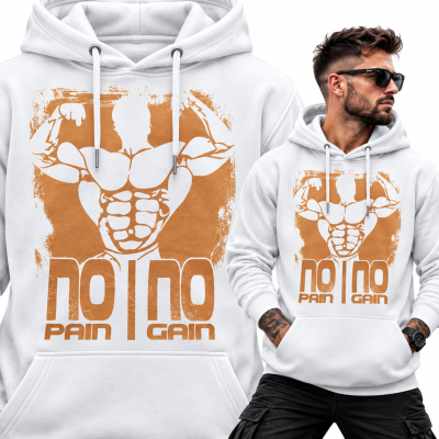 BLUZA Z KAPTUREM NA SIŁOWNIĘ NO PAIN NO GAIN 4 - NAPIS POMARAŃCZOWY